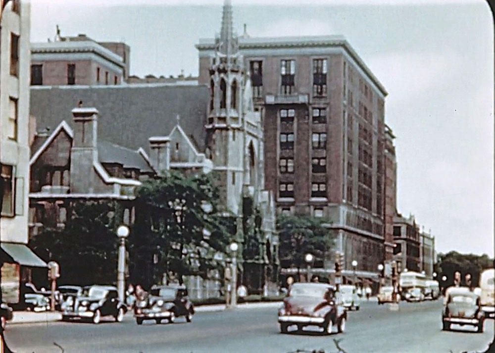 Street Scene in 1940s including Fourth Presbyterian Church